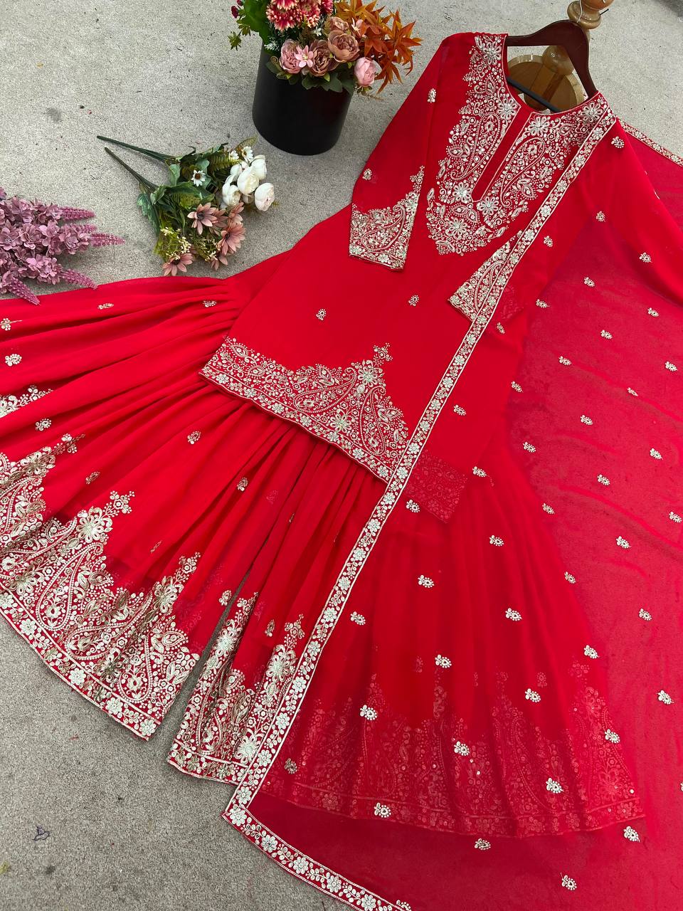 Lovely Red Georgette Embroidery Work Sharara Suit