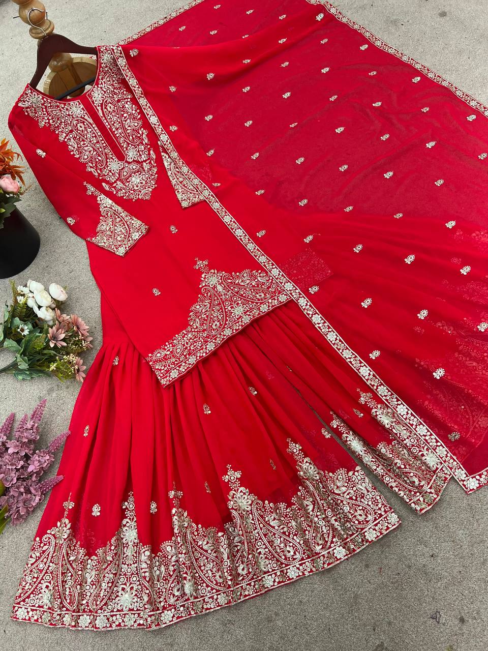 Lovely Red Georgette Embroidery Work Sharara Suit