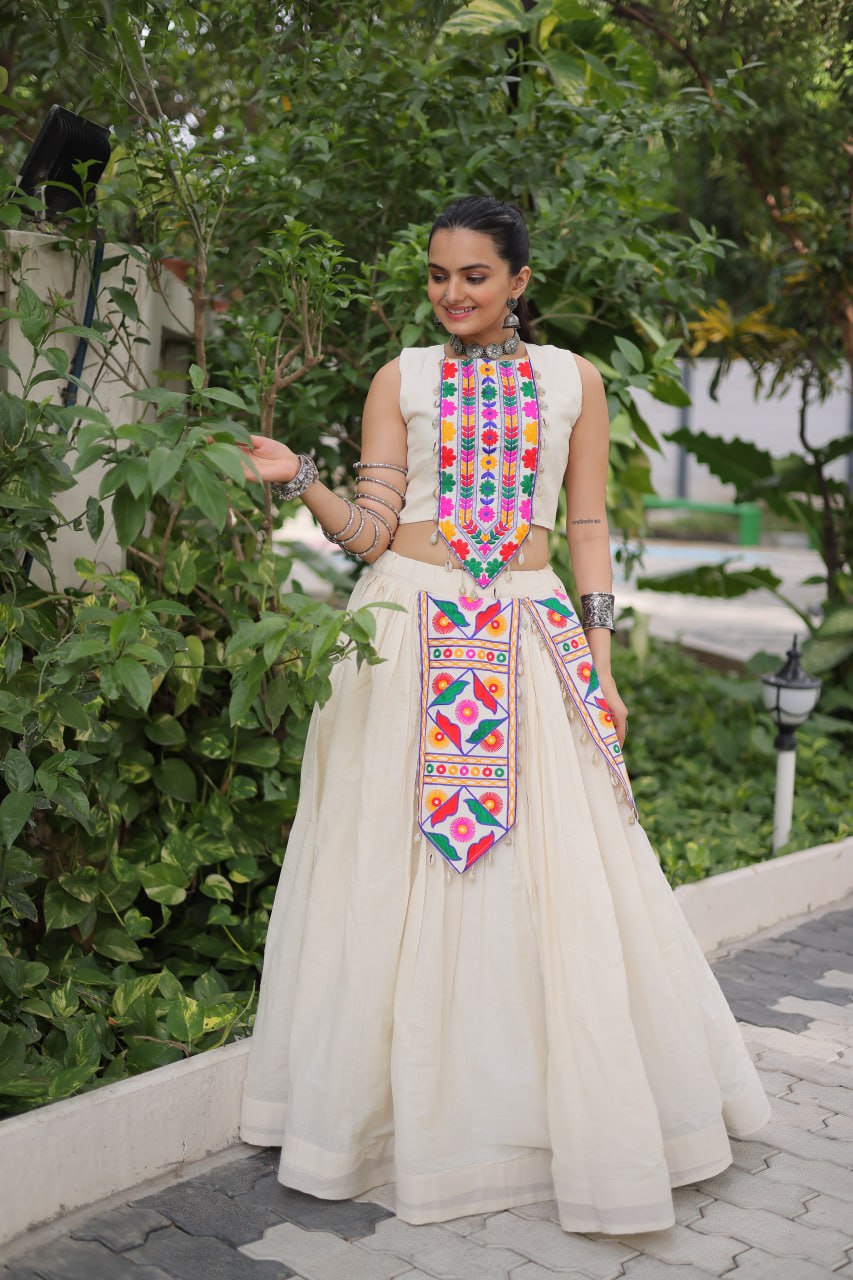 Navratri Special White Cotton With Kutchi Gamthi Work Top With Lehenga