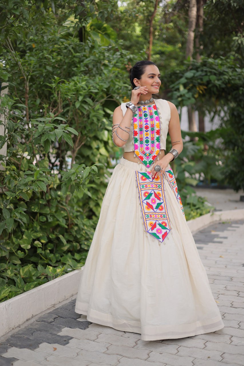 Navratri Special White Cotton With Kutchi Gamthi Work Top With Lehenga