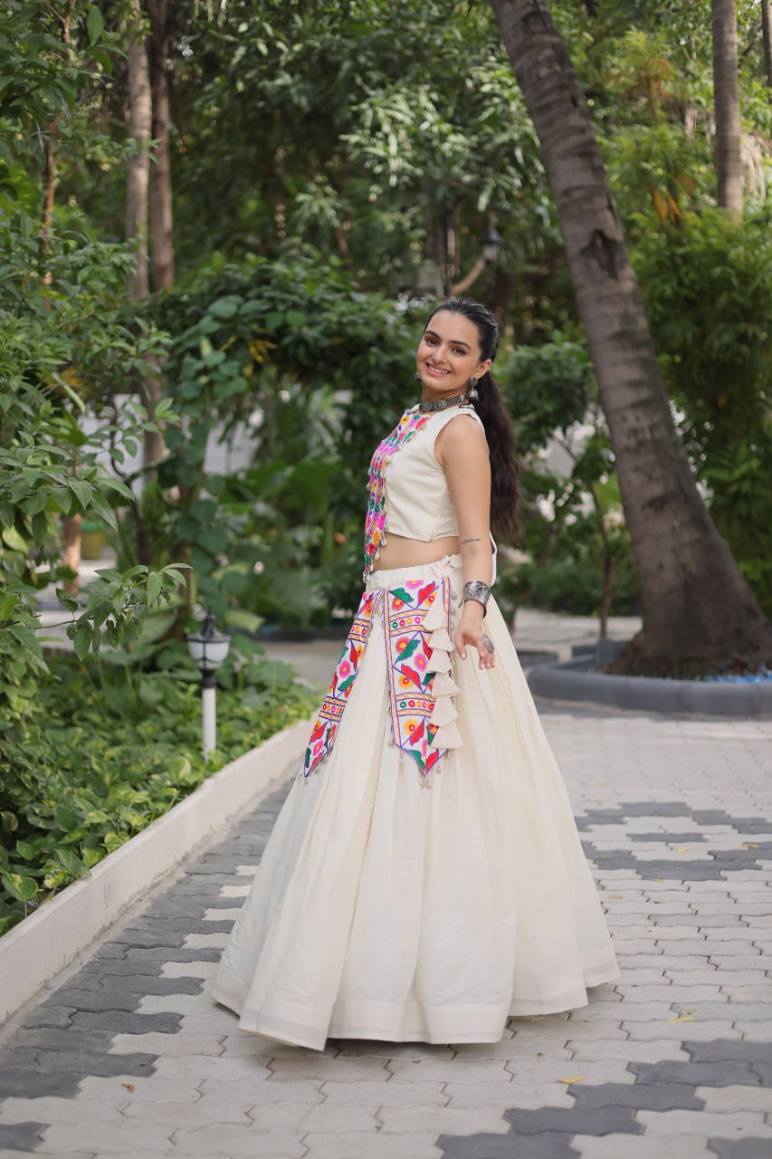 Navratri Special White Cotton With Kutchi Gamthi Work Top With Lehenga