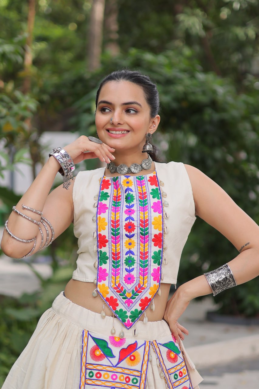 Navratri Special White Cotton With Kutchi Gamthi Work Top With Lehenga