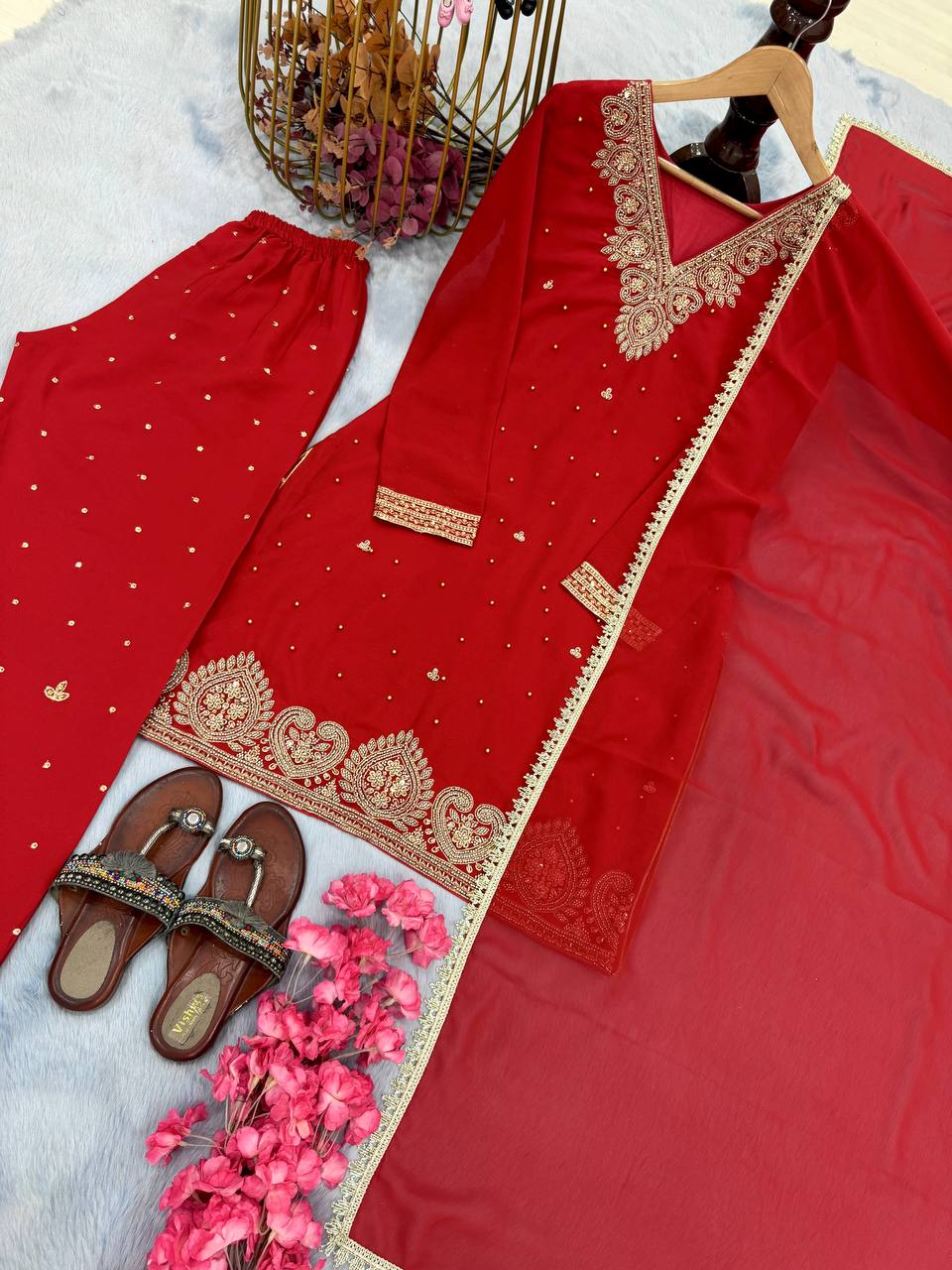 Beautiful Red Georgette Sequence Work Palazzo Suit