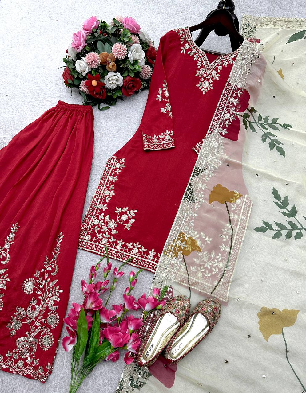 Ravishing Red Cinon Silk Sequence Work Sharara Suit