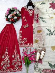 Ravishing Red Cinon Silk Sequence Work Sharara Suit