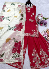 Ravishing Red Cinon Silk Sequence Work Sharara Suit