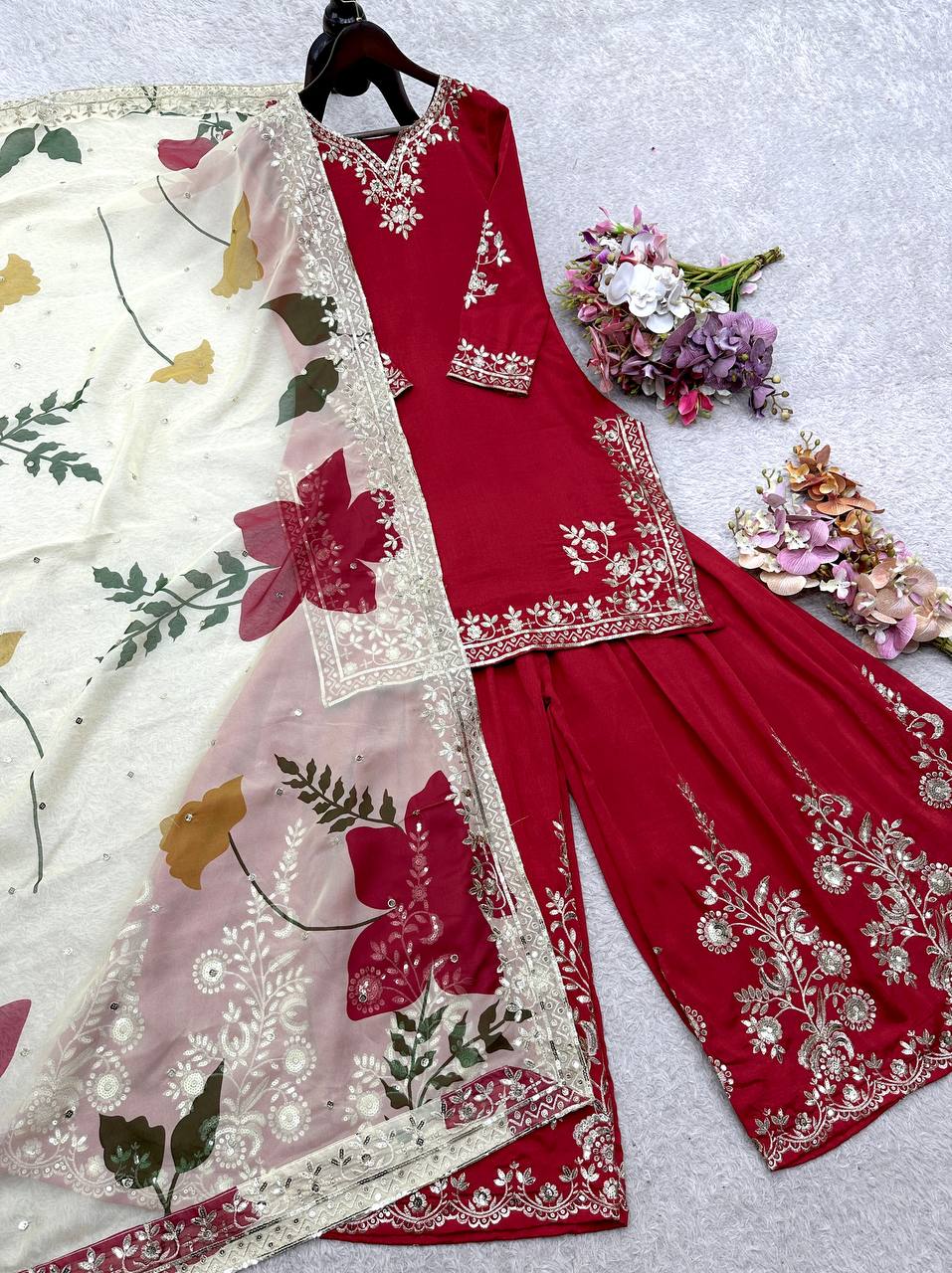 Ravishing Red Cinon Silk Sequence Work Sharara Suit