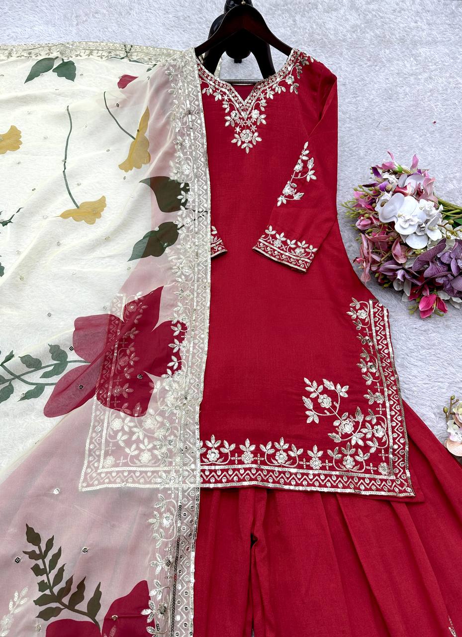 Ravishing Red Cinon Silk Sequence Work Sharara Suit