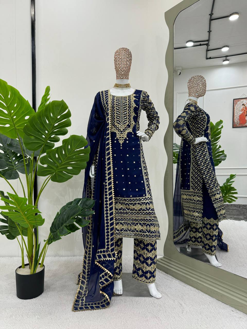 Trendy Blue Georgette Thread Work Palazzo Suit