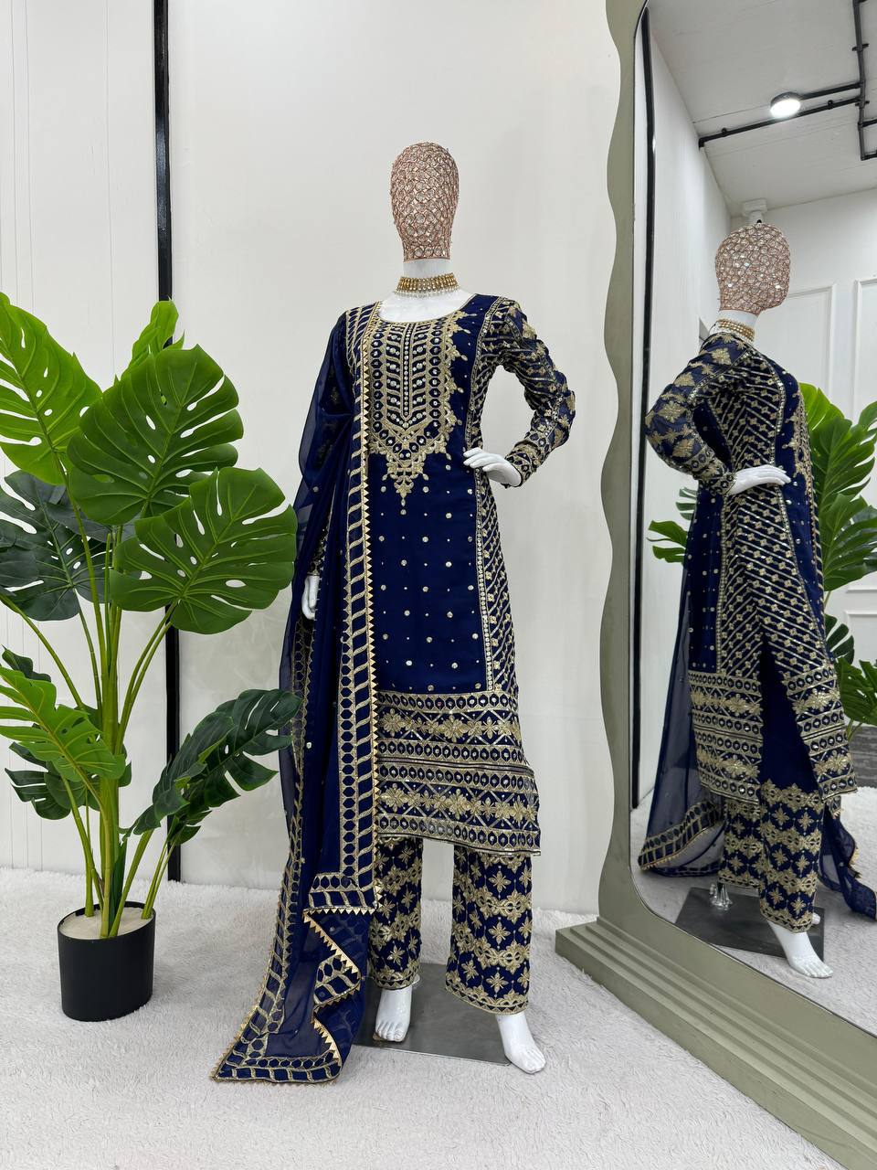 Trendy Blue Georgette Thread Work Palazzo Suit