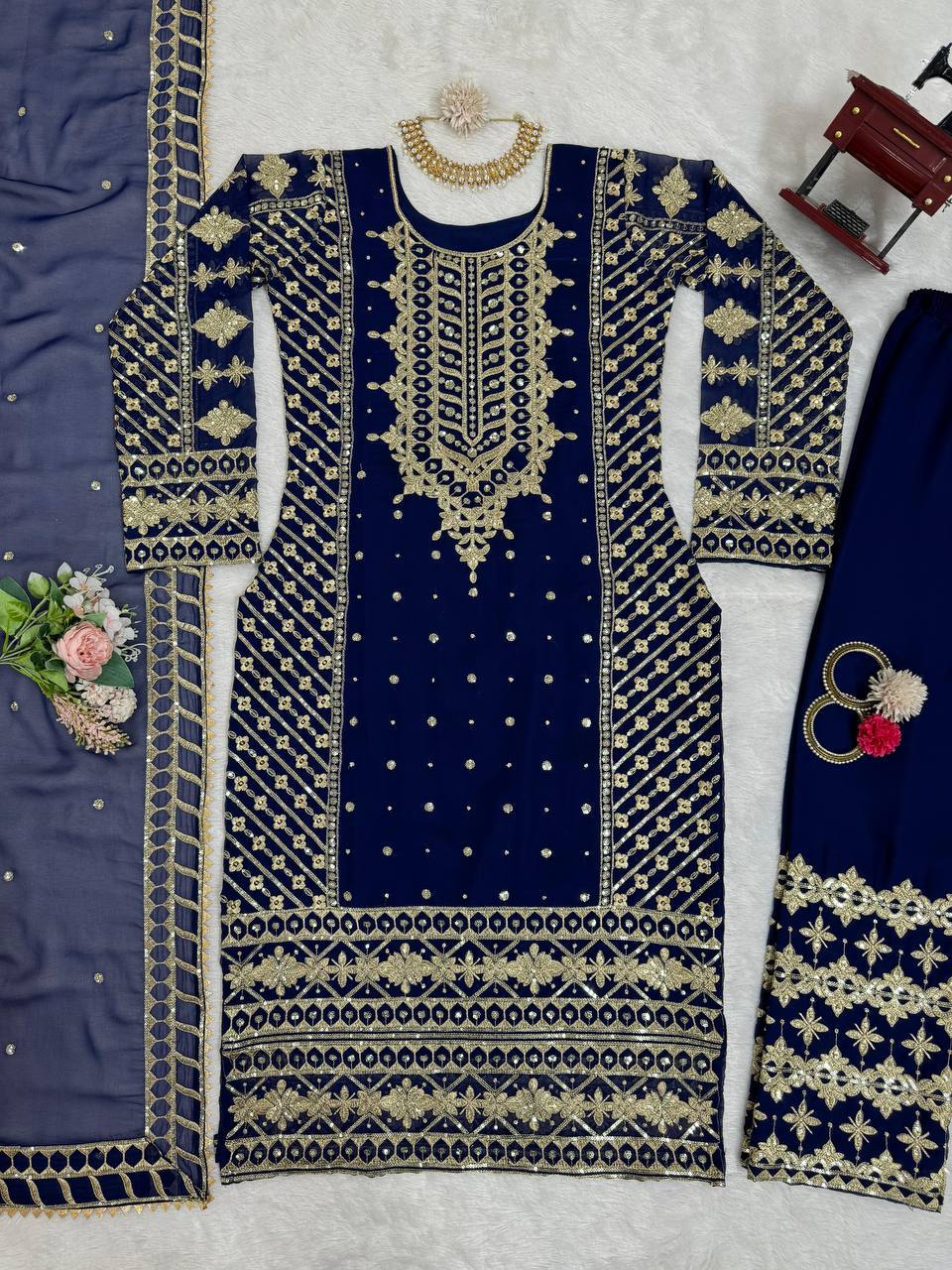 Trendy Blue Georgette Thread Work Palazzo Suit