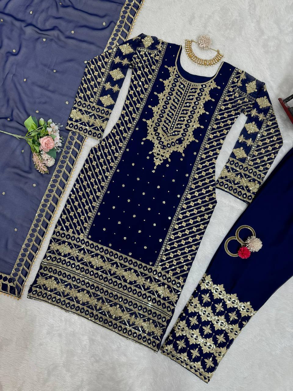 Trendy Blue Georgette Thread Work Palazzo Suit