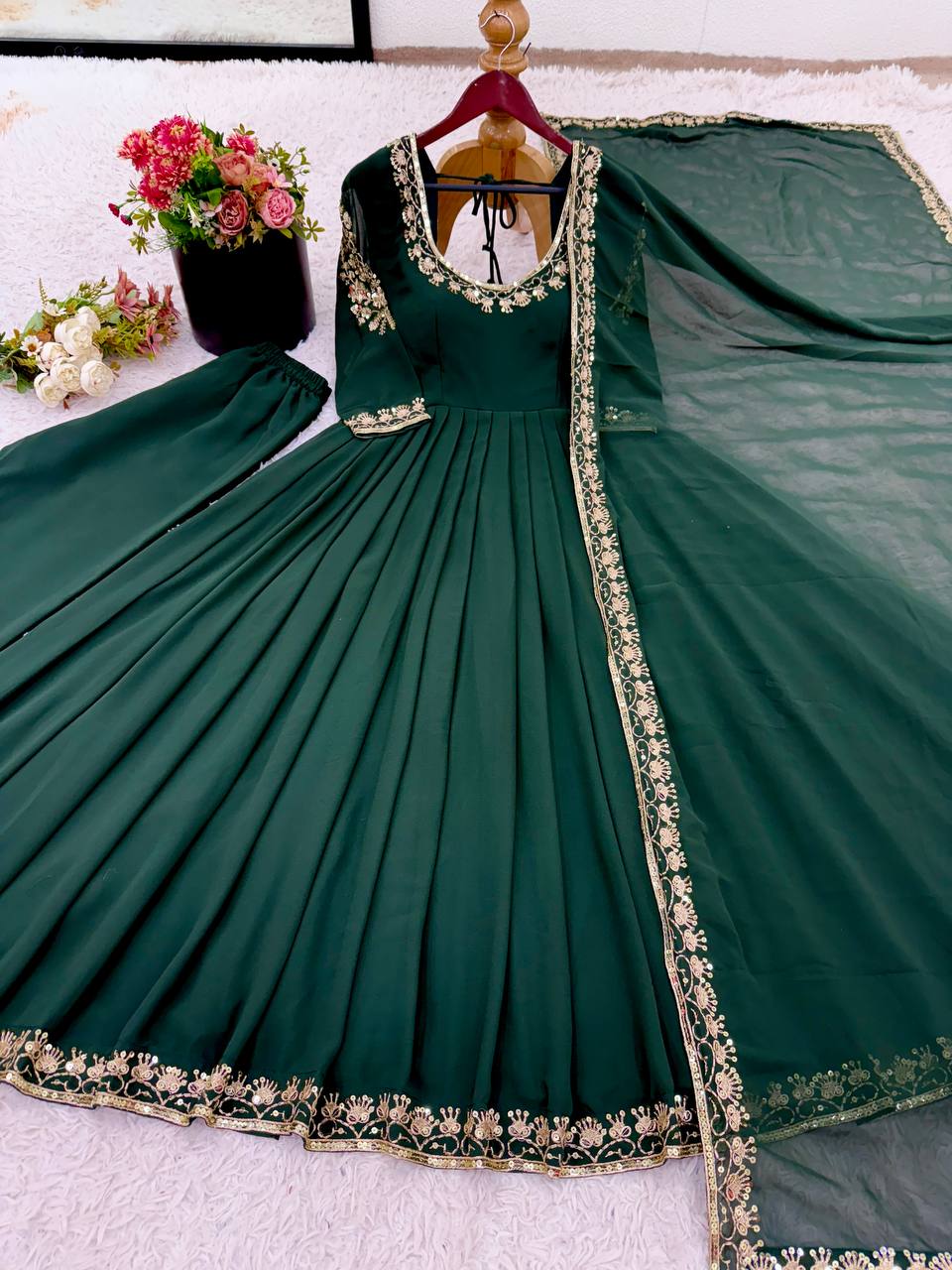Stylish Green Georgette Embroidery Work Gown