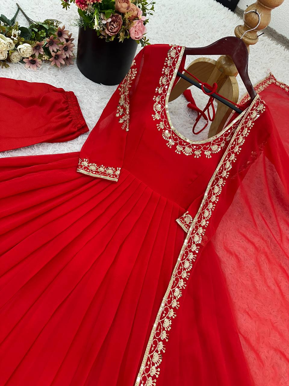 Stylish Green Georgette Embroidery Work Gown