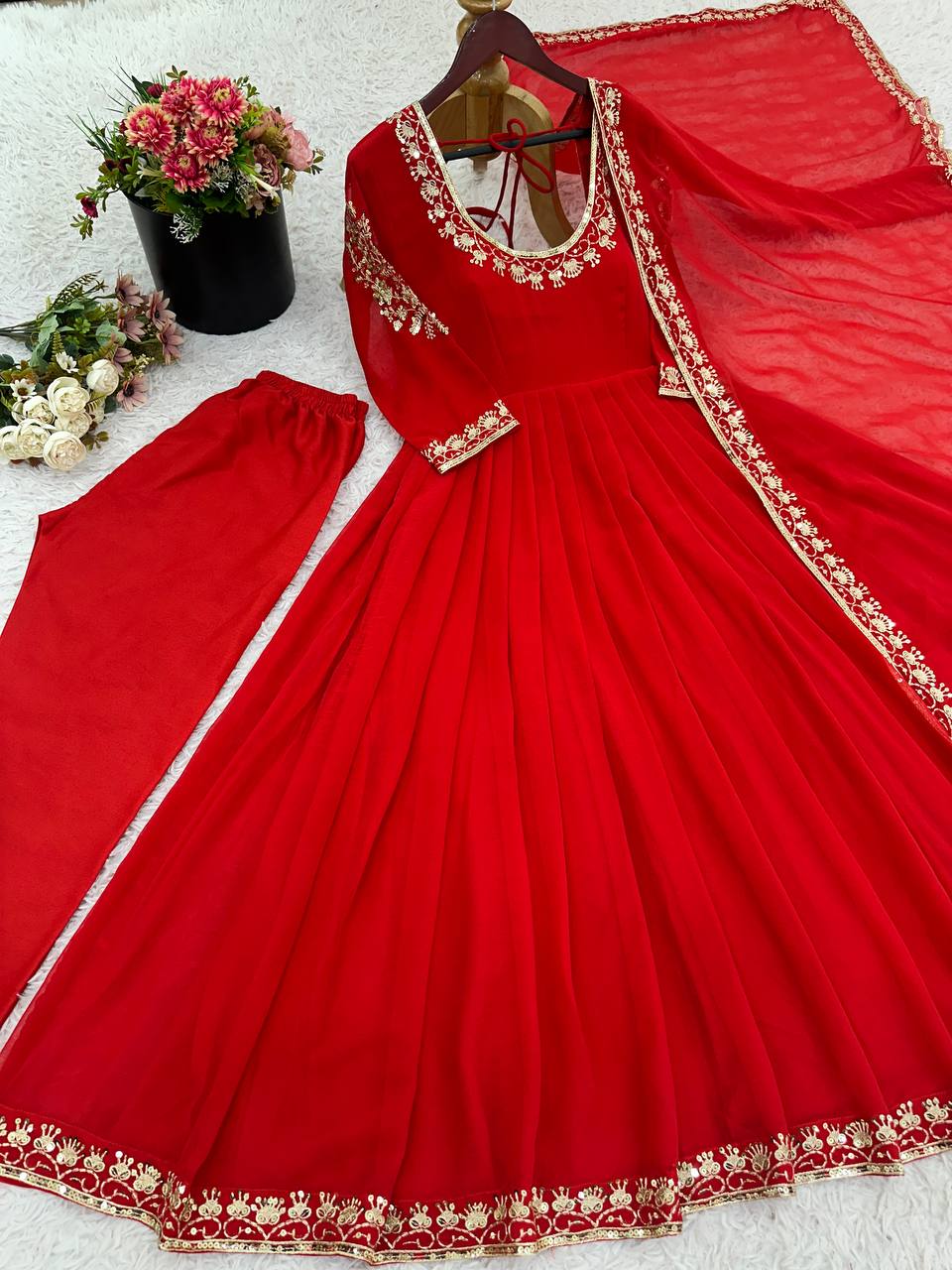 Stylish Green Georgette Embroidery Work Gown