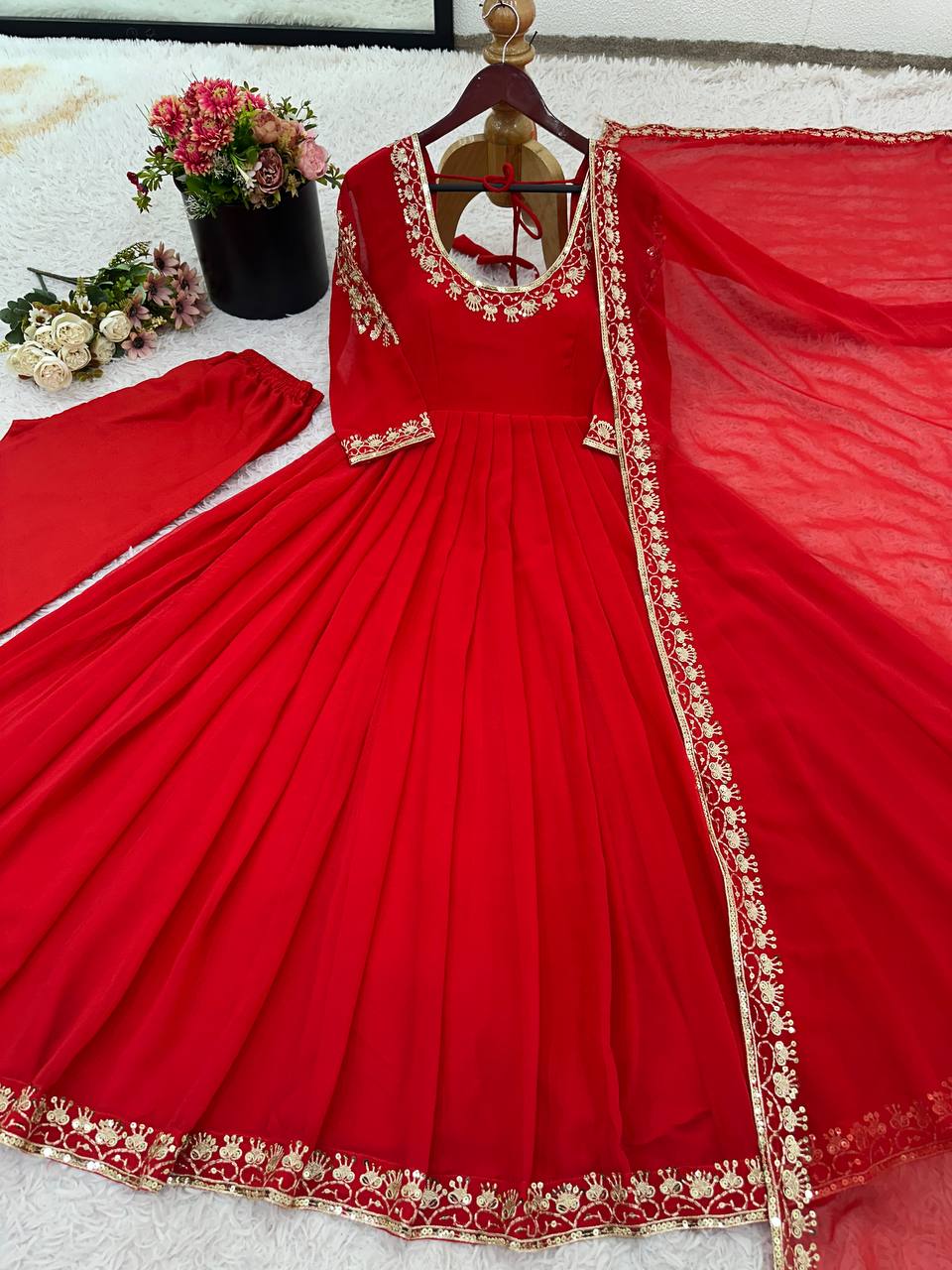 Stylish Green Georgette Embroidery Work Gown