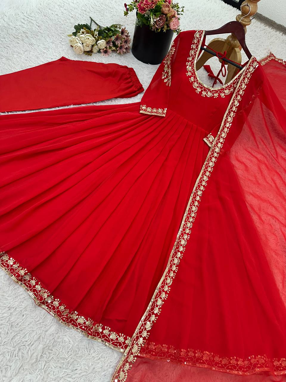 Stylish Green Georgette Embroidery Work Gown