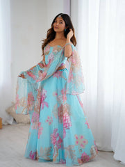Ravishing Sky Blue Organza Digital Printed Lehenga