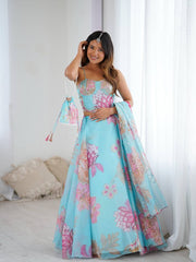 Ravishing Sky Blue Organza Digital Printed Lehenga