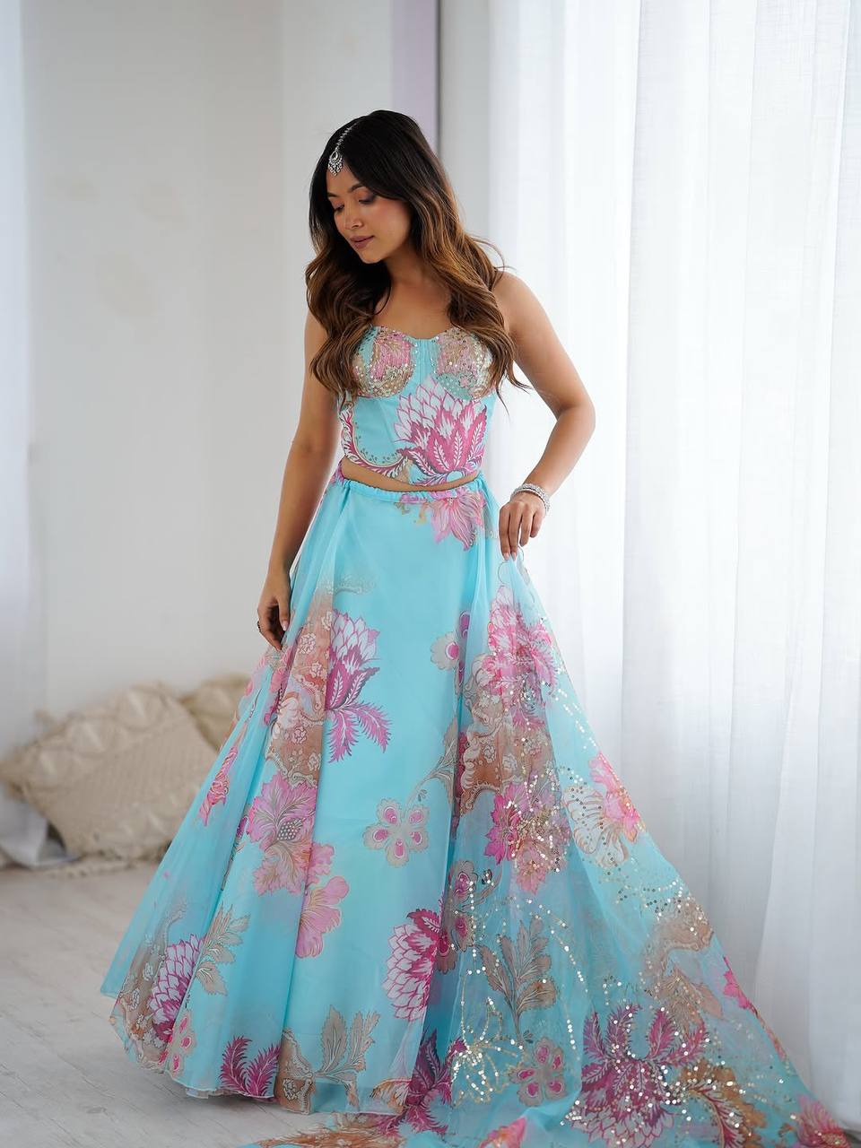 Ravishing Sky Blue Organza Digital Printed Lehenga
