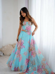 Ravishing Sky Blue Organza Digital Printed Lehenga
