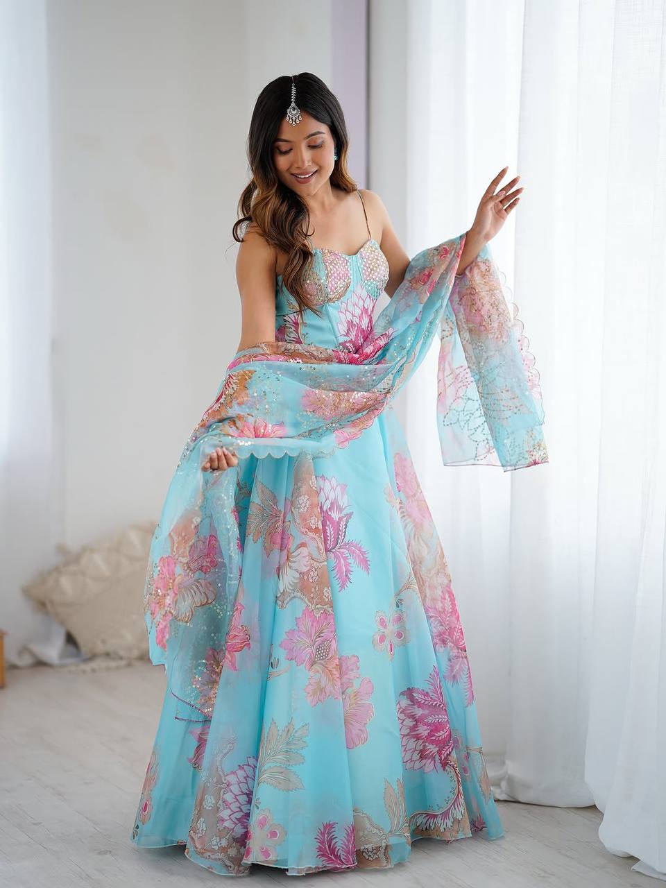 Ravishing Sky Blue Organza Digital Printed Lehenga