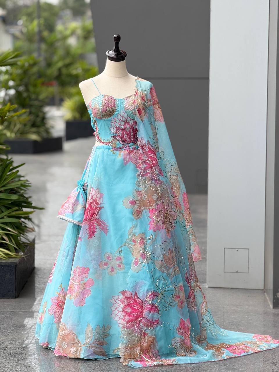 Ravishing Sky Blue Organza Digital Printed Lehenga