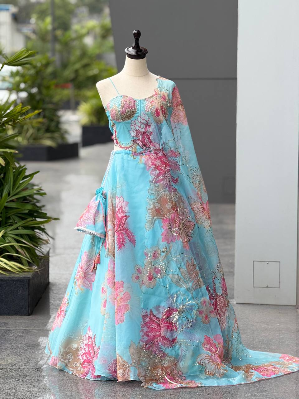 Ravishing Sky Blue Organza Digital Printed Lehenga