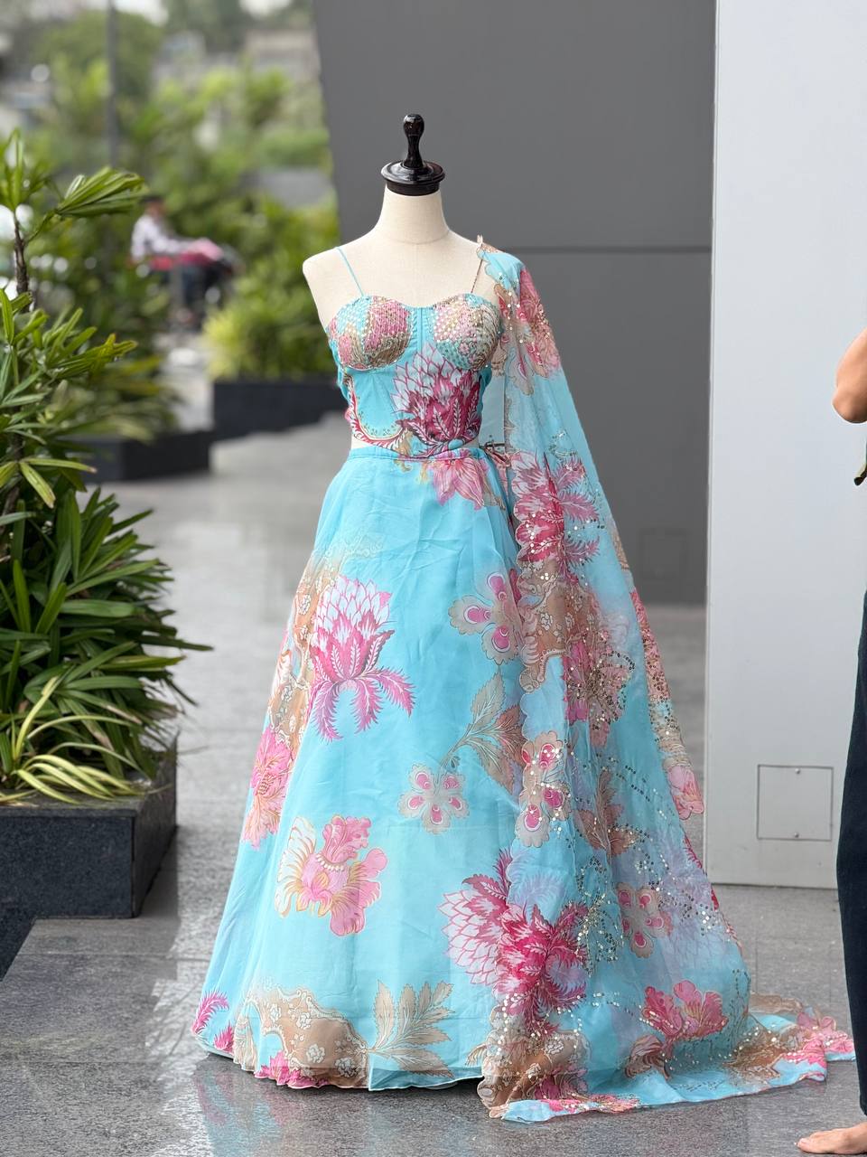 Ravishing Sky Blue Organza Digital Printed Lehenga