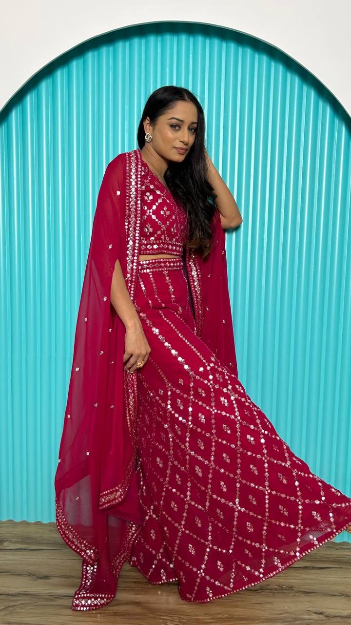 Ravishing Red Georgette Mirror Work Palazzo Suit