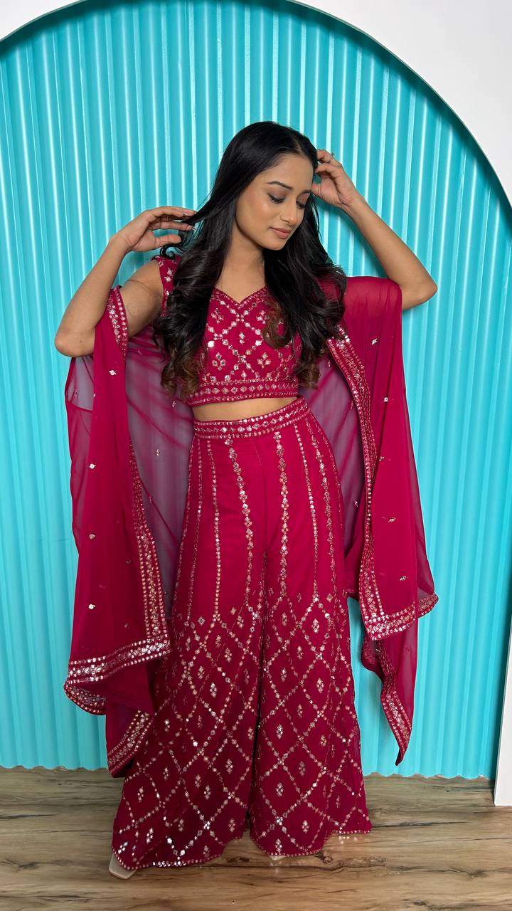 Ravishing Red Georgette Mirror Work Palazzo Suit