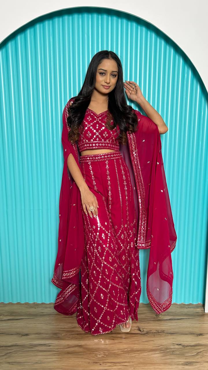 Ravishing Red Georgette Mirror Work Palazzo Suit