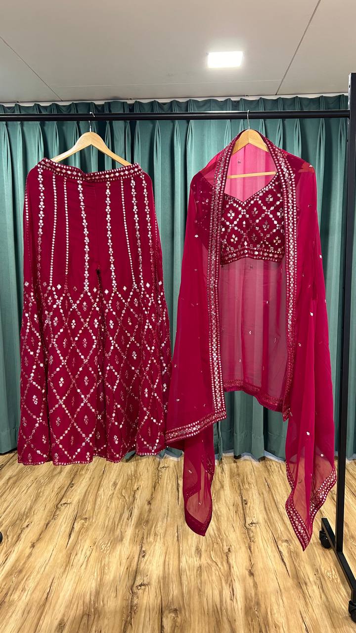 Ravishing Red Georgette Mirror Work Palazzo Suit