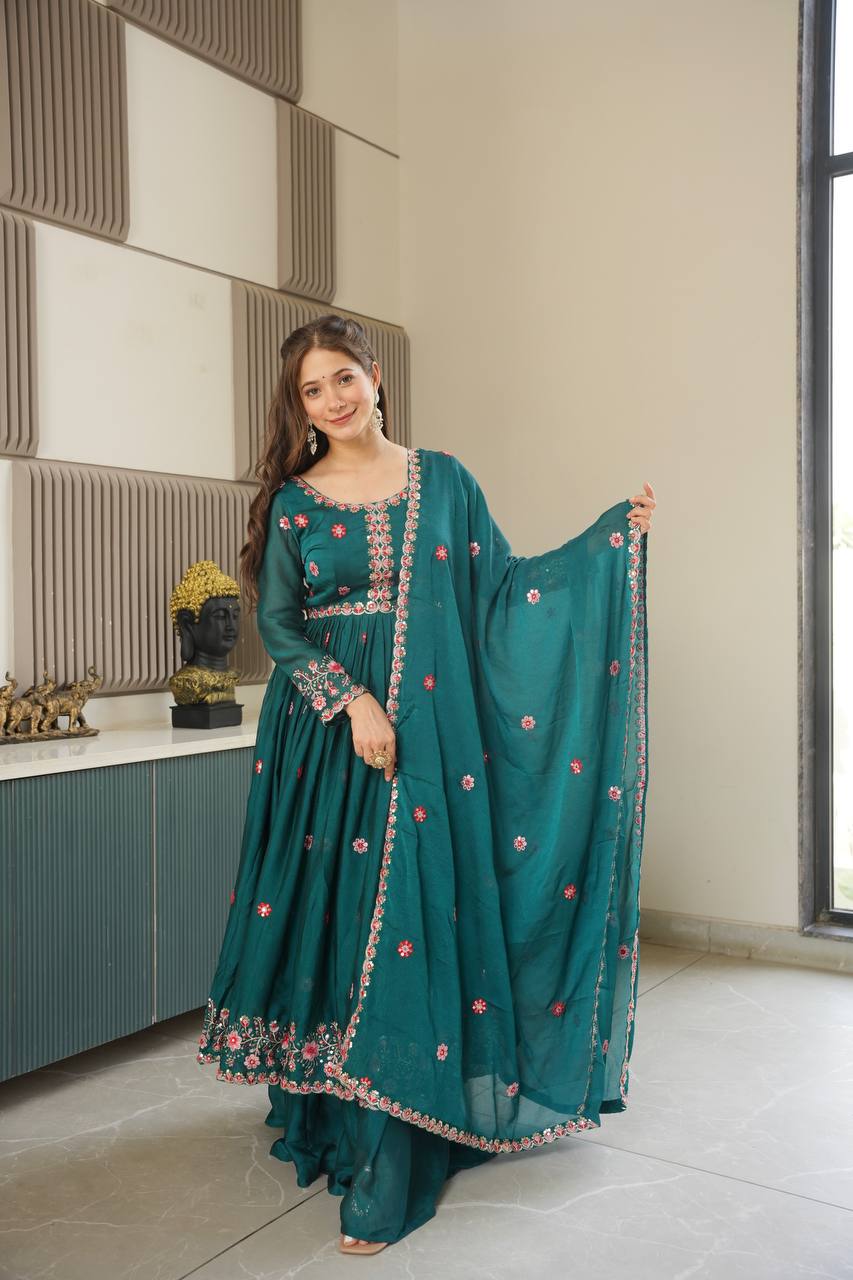 Pretty Green Silk Embroidery Work Top With Palazzo