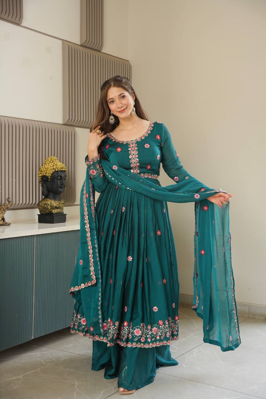 Pretty Green Silk Embroidery Work Top With Palazzo