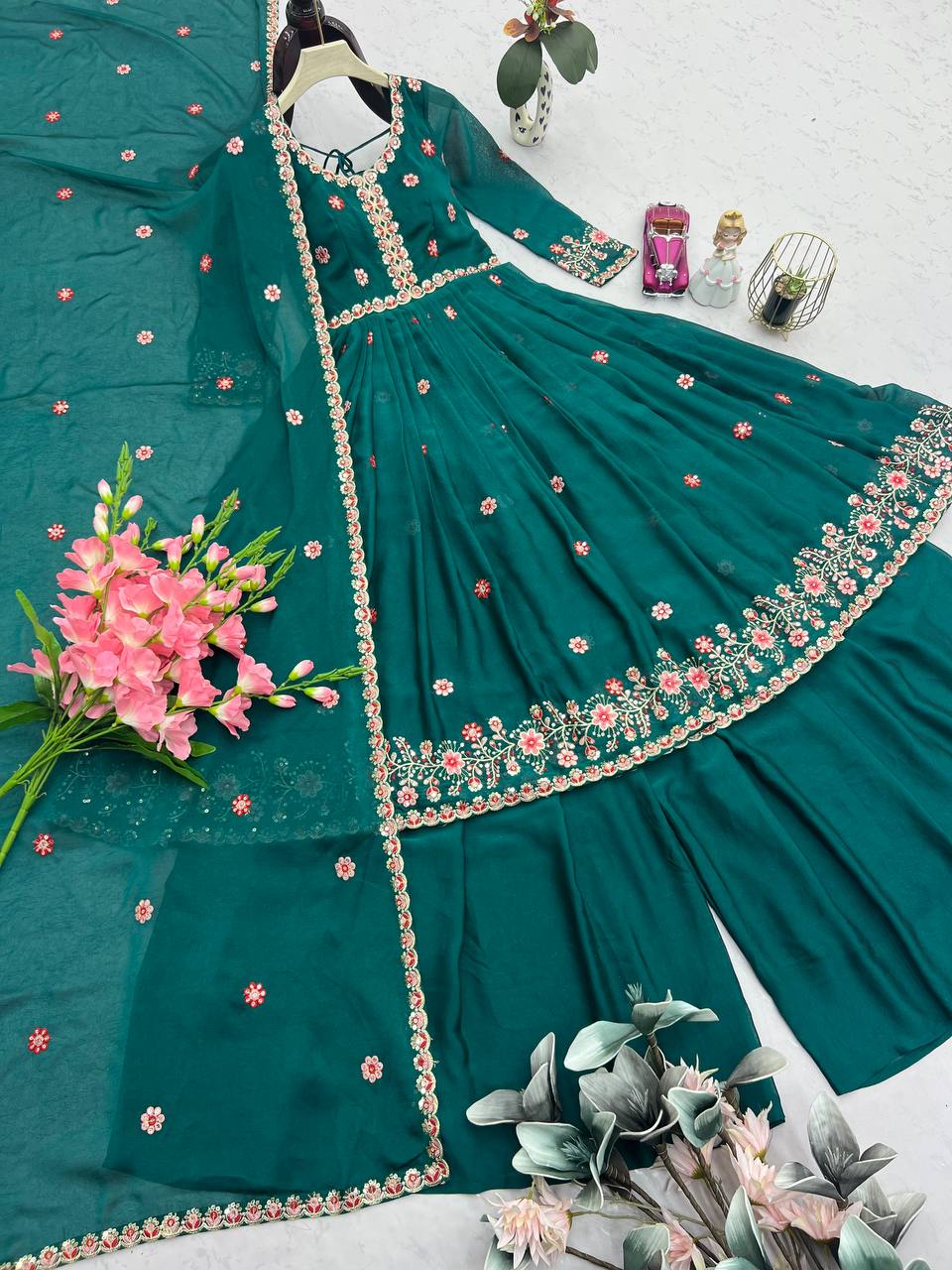 Pretty Green Silk Embroidery Work Top With Palazzo