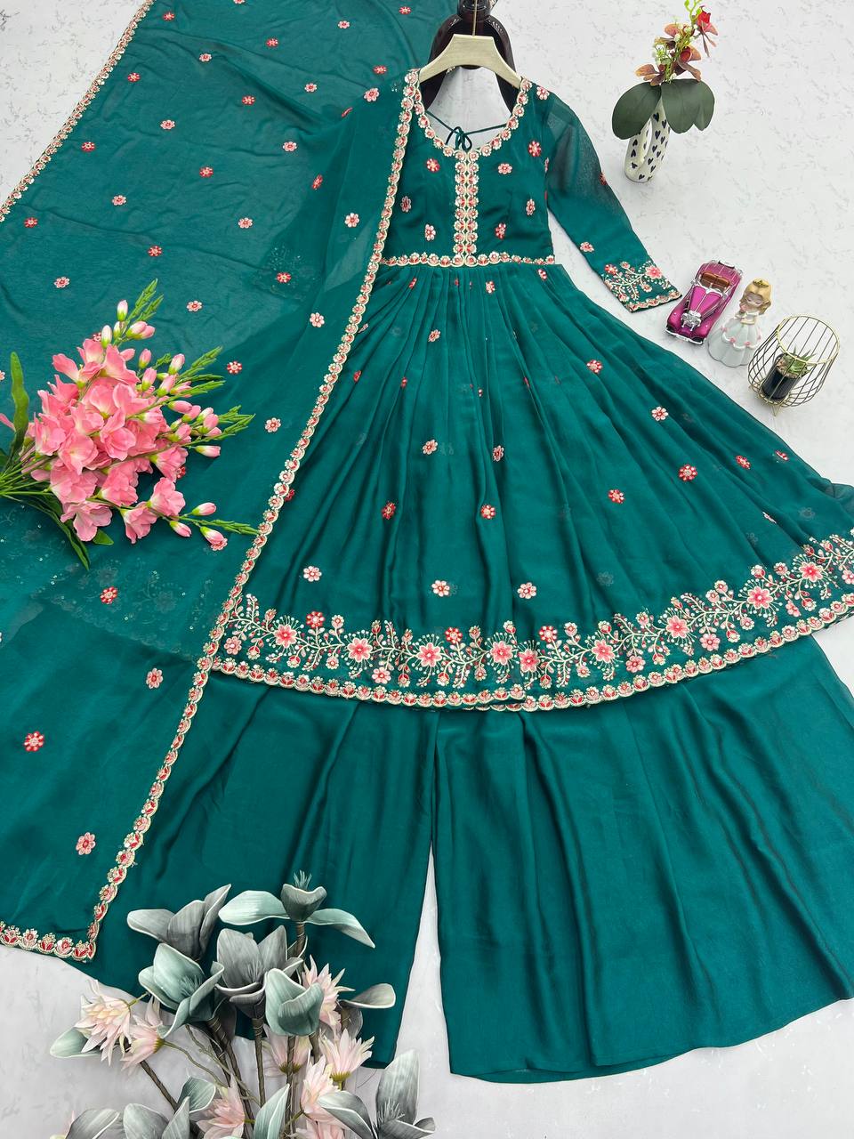 Pretty Green Silk Embroidery Work Top With Palazzo