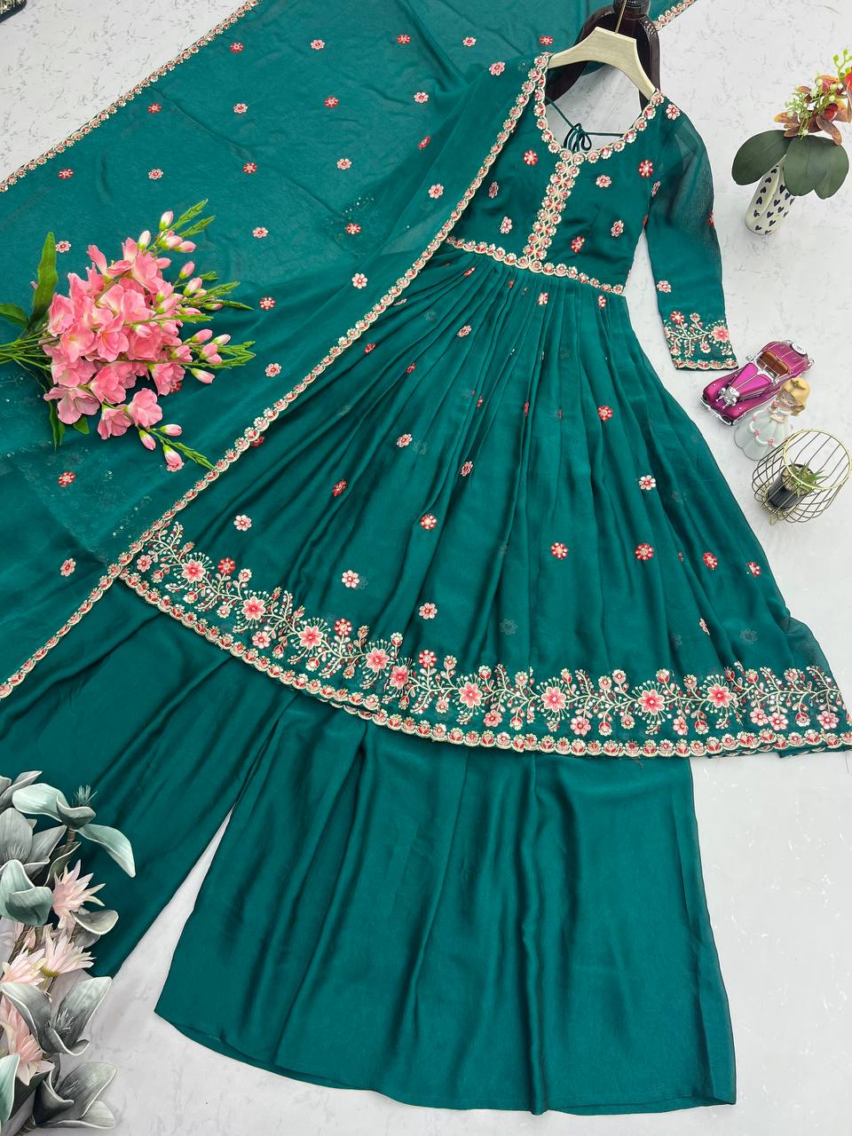 Pretty Green Silk Embroidery Work Top With Palazzo