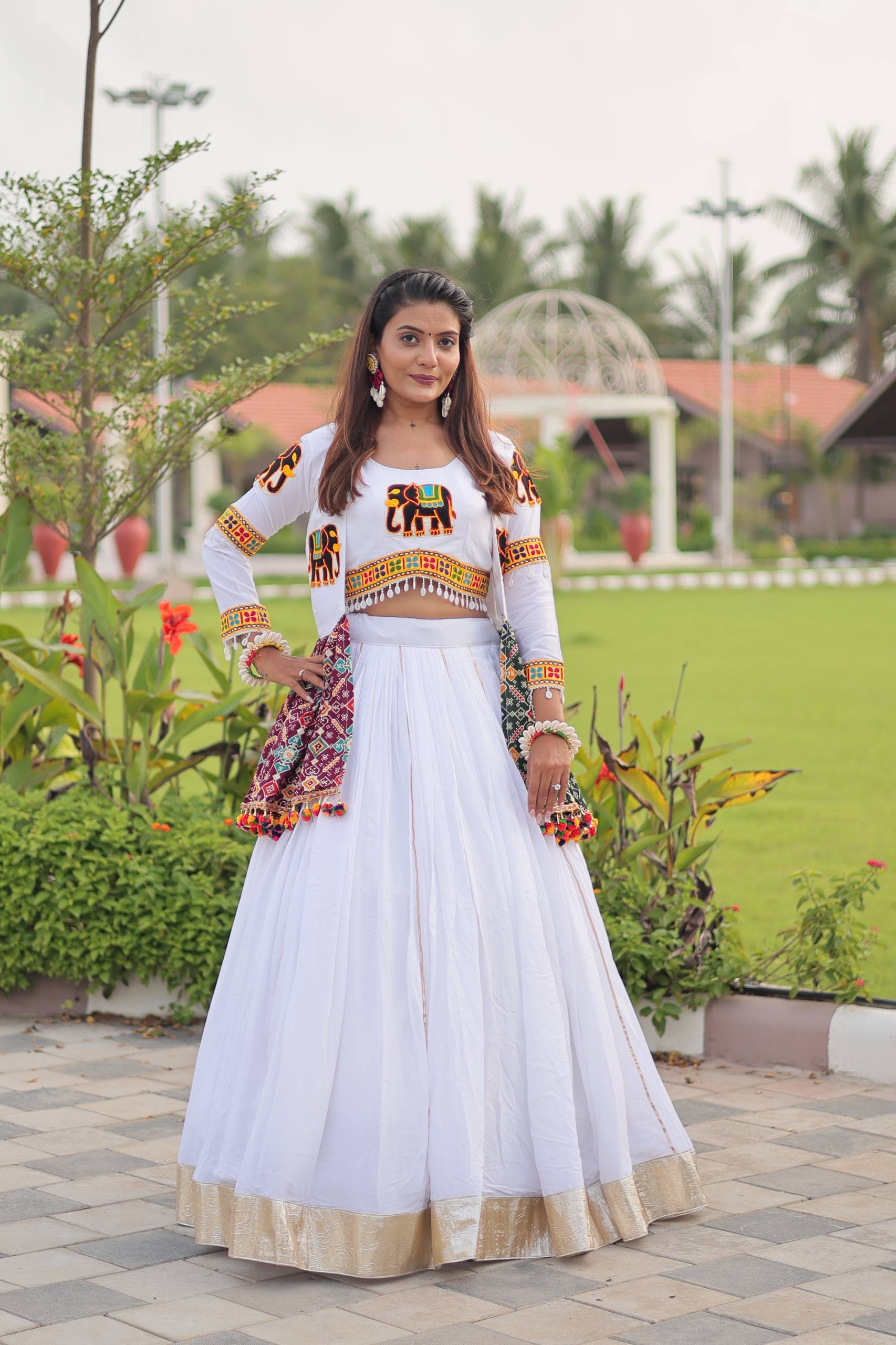 Alluring White Cotton Gamthi Work Lehenga Choli