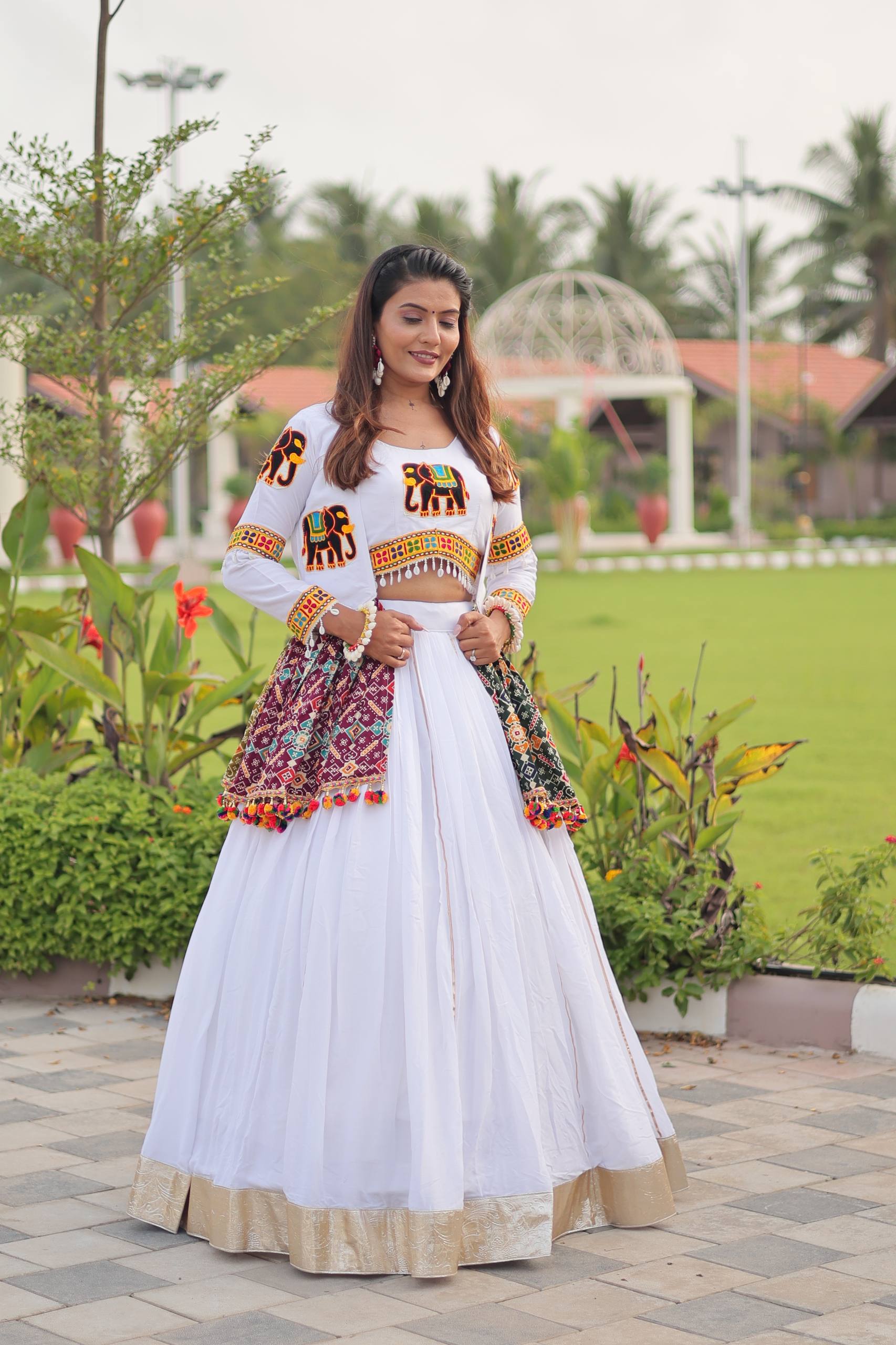 Alluring White Cotton Gamthi Work Lehenga Choli
