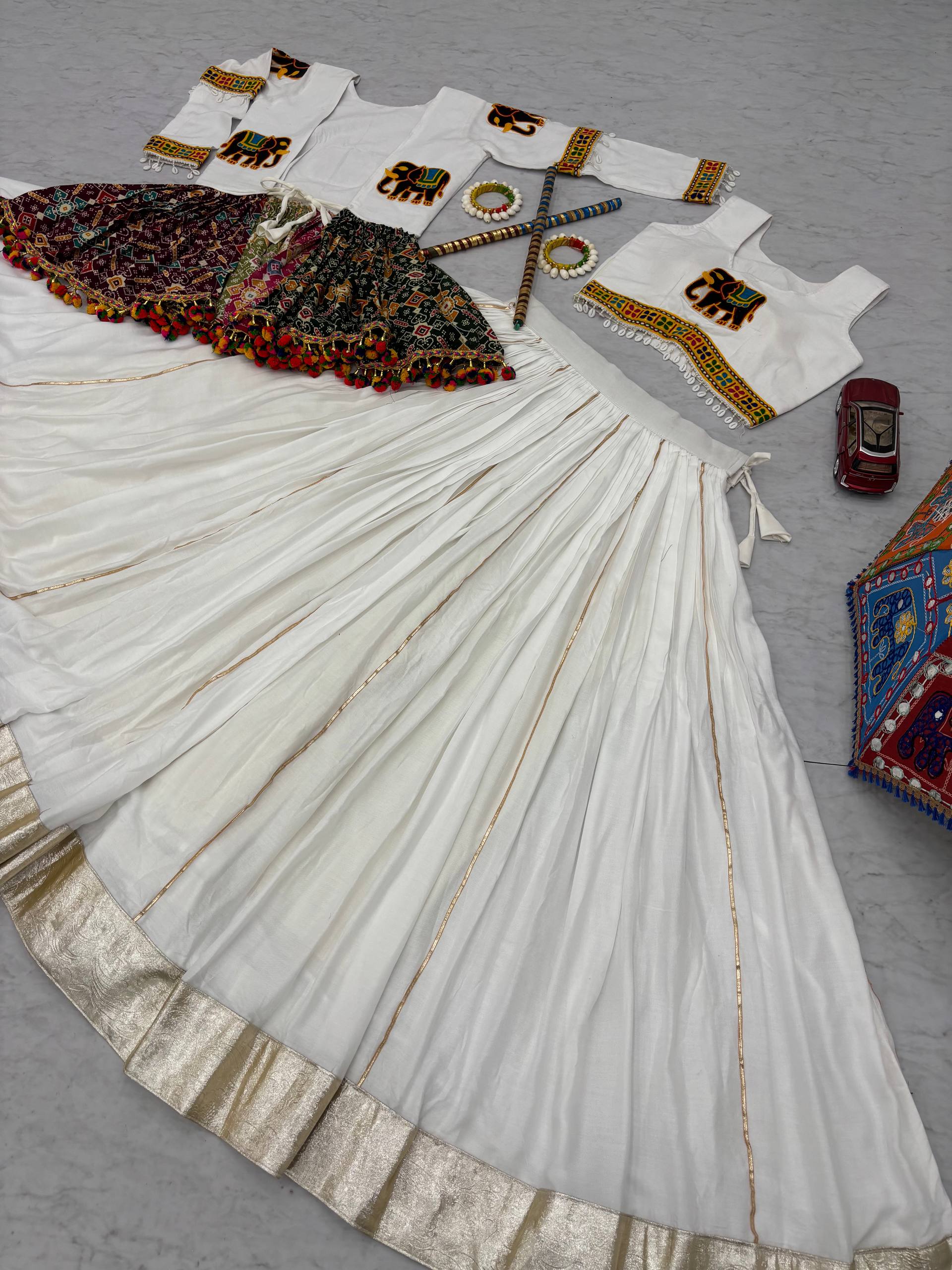 Alluring White Cotton Gamthi Work Lehenga Choli