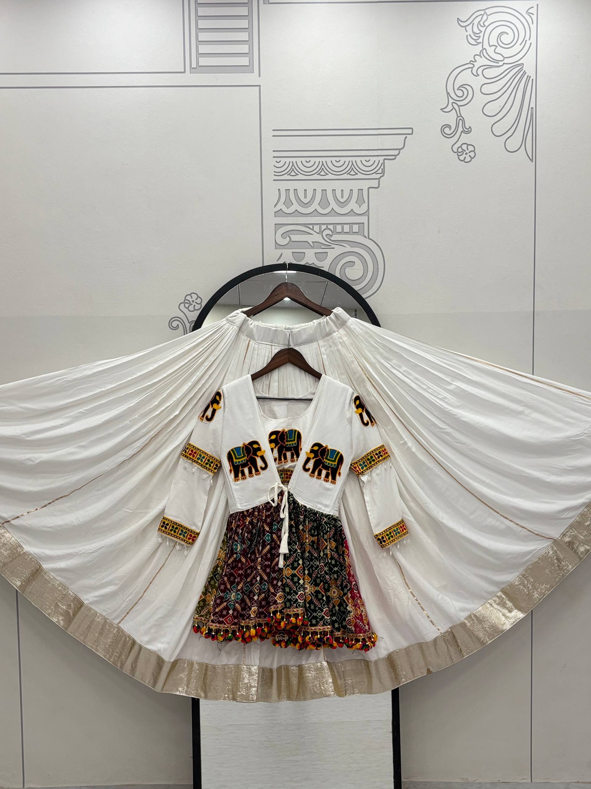 Alluring White Cotton Gamthi Work Lehenga Choli