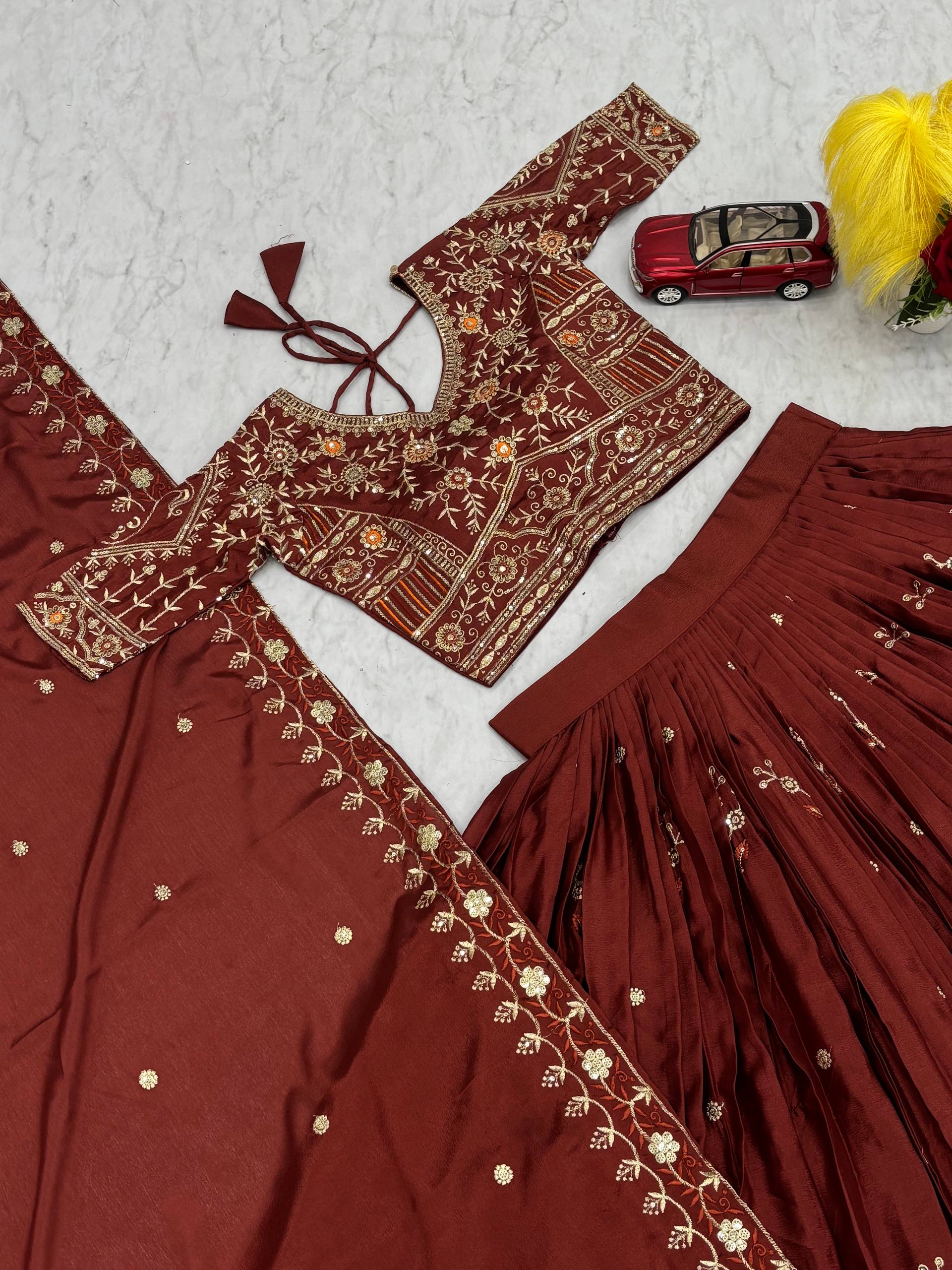 Fancy Brown Chinon Embroidery Work Lehenga Choli