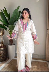 Trendy White Khadi Cotton Thread Work Co-ord Set