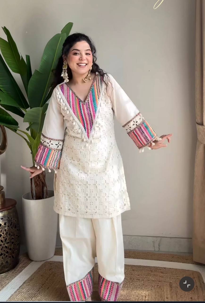 Trendy White Khadi Cotton Thread Work Co-ord Set