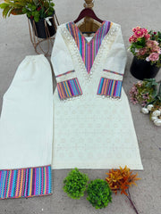 Trendy White Khadi Cotton Thread Work Co-ord Set