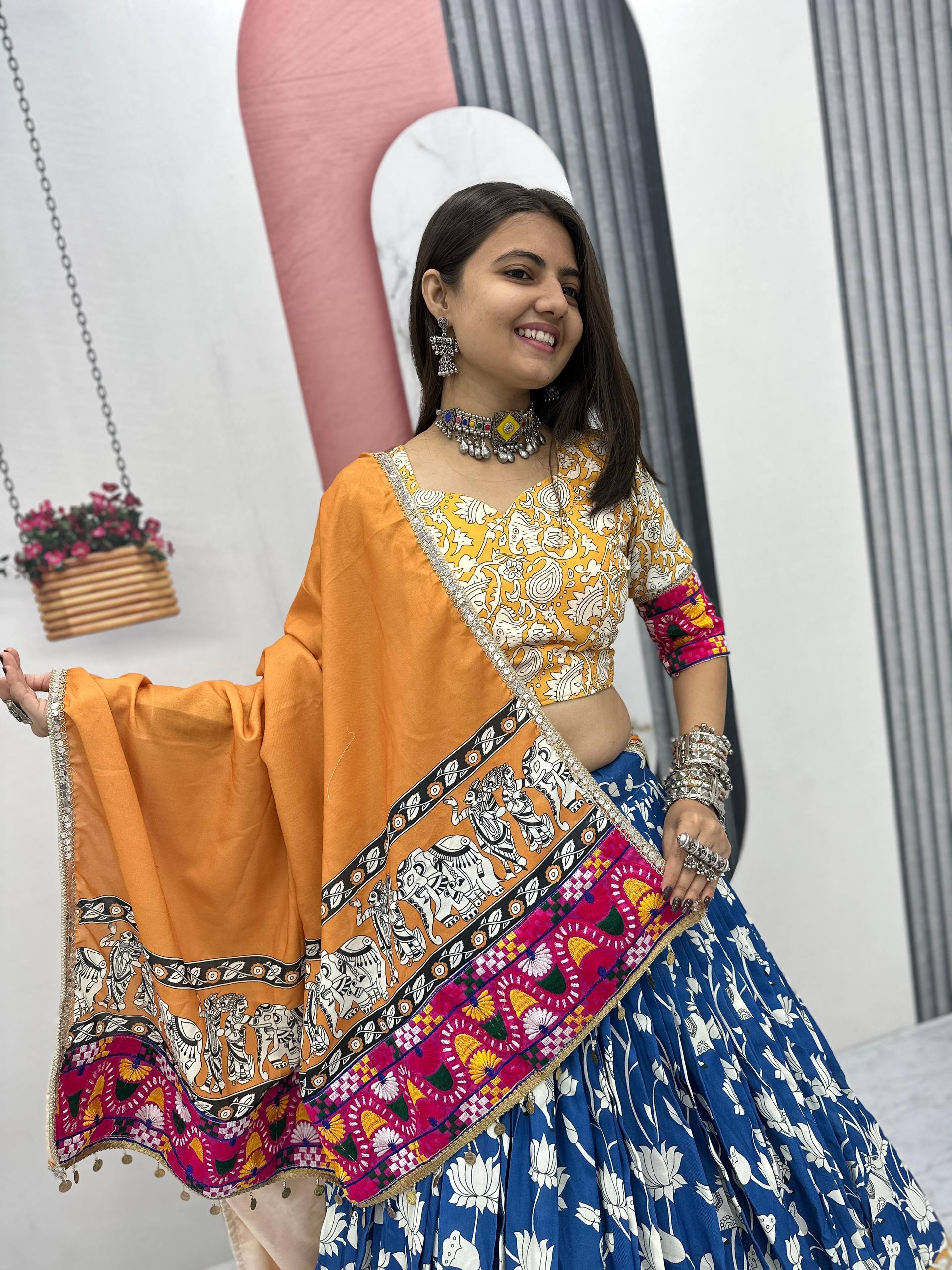 Yellow Cotton Gamthi Work Lehenga Choli For Navratri