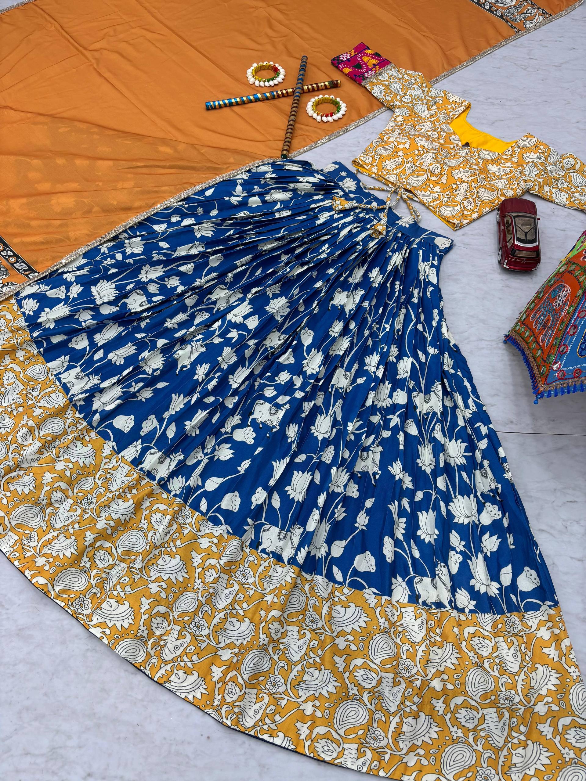 Yellow Cotton Gamthi Work Lehenga Choli For Navratri
