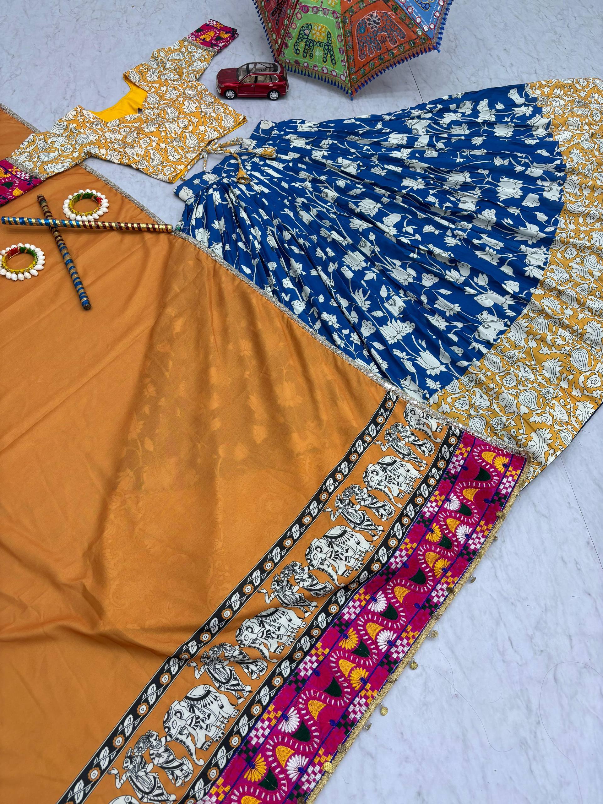 Yellow Cotton Gamthi Work Lehenga Choli For Navratri