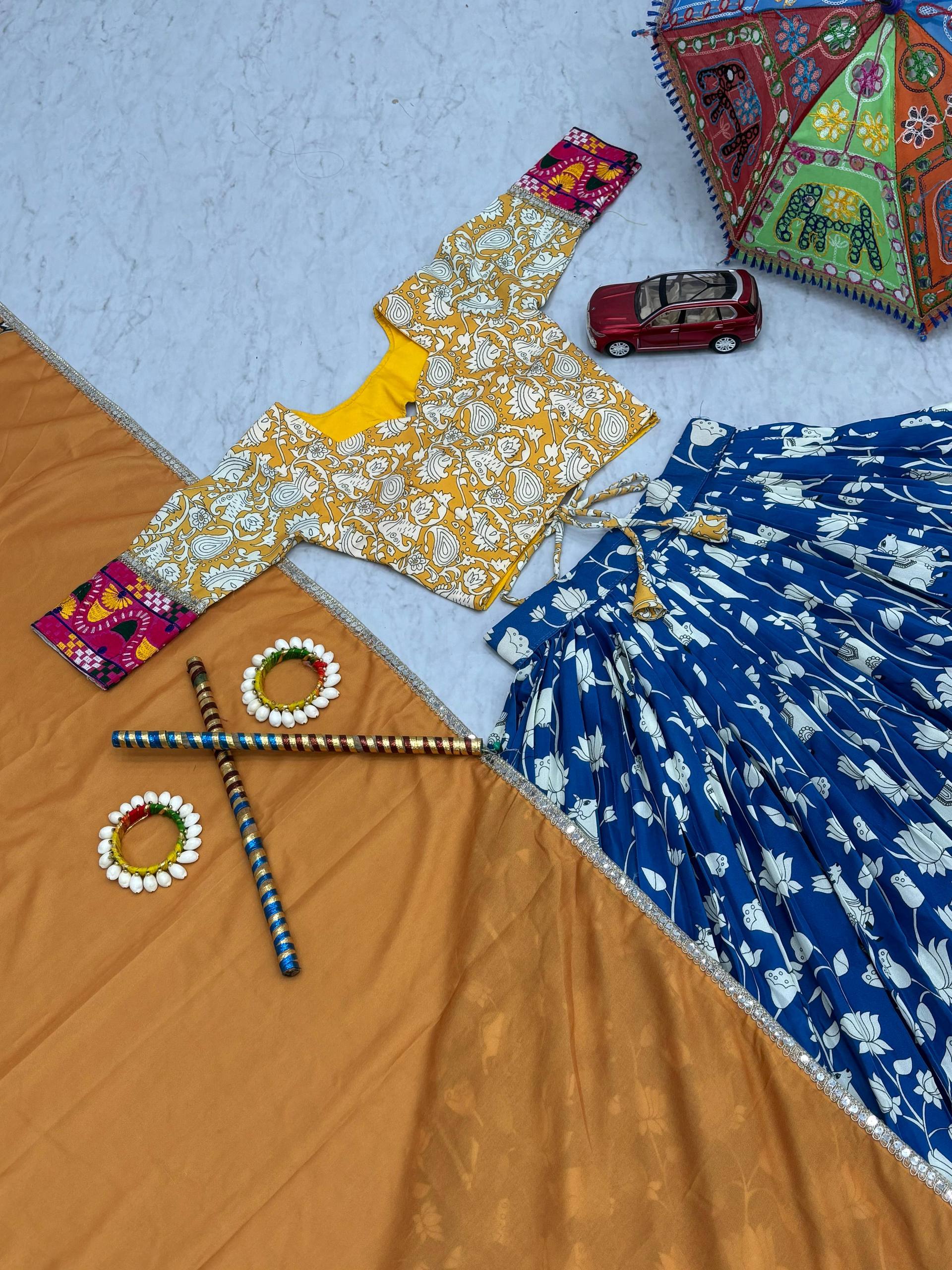 Yellow Cotton Gamthi Work Lehenga Choli For Navratri